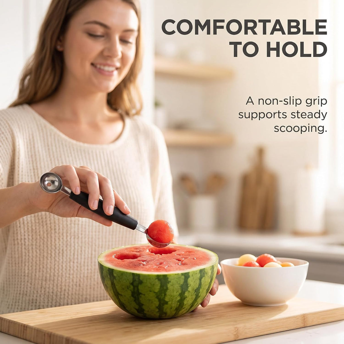 2 in 1 Stainless Steel Melon Ballers Melon Scoop,Double-Sided Fruit Melon Baller Spoon, Suitable Watermelon Cantaloupe Ice Cream Comfortable Non-Slip Grip Kitchen Utensils and Gadgets