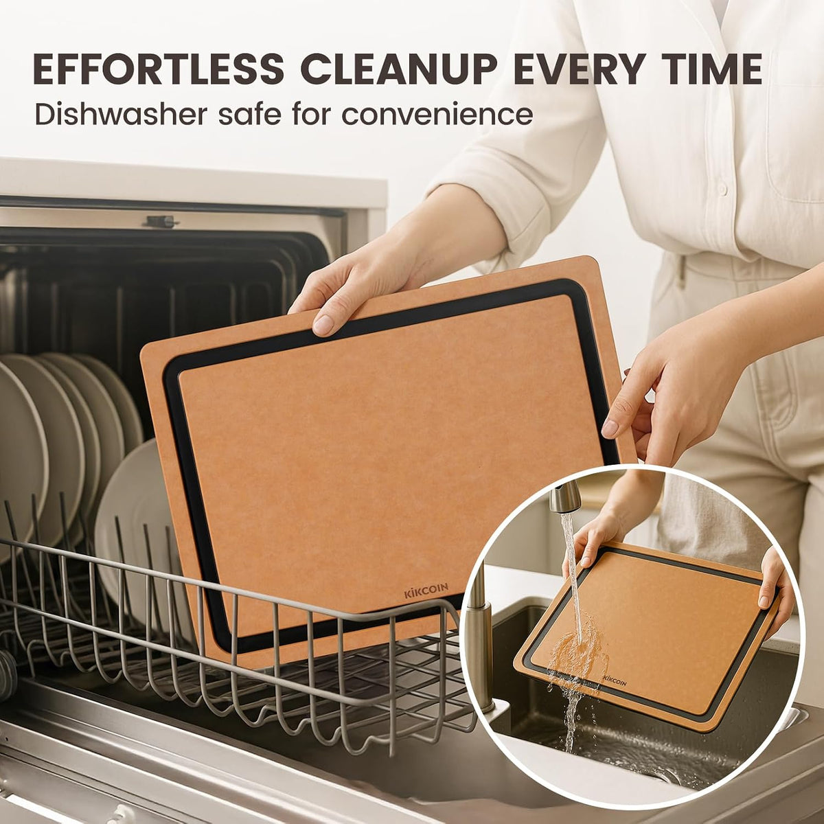 Kikcoin Wood Cutting Board, Cutting Boards for Kitchen Dishwasher Safe Non-slip Chopping Board with Juice Groove, Wood Fiber Composite Cutting Board with Hanging Hole, 14.6"*10.8"