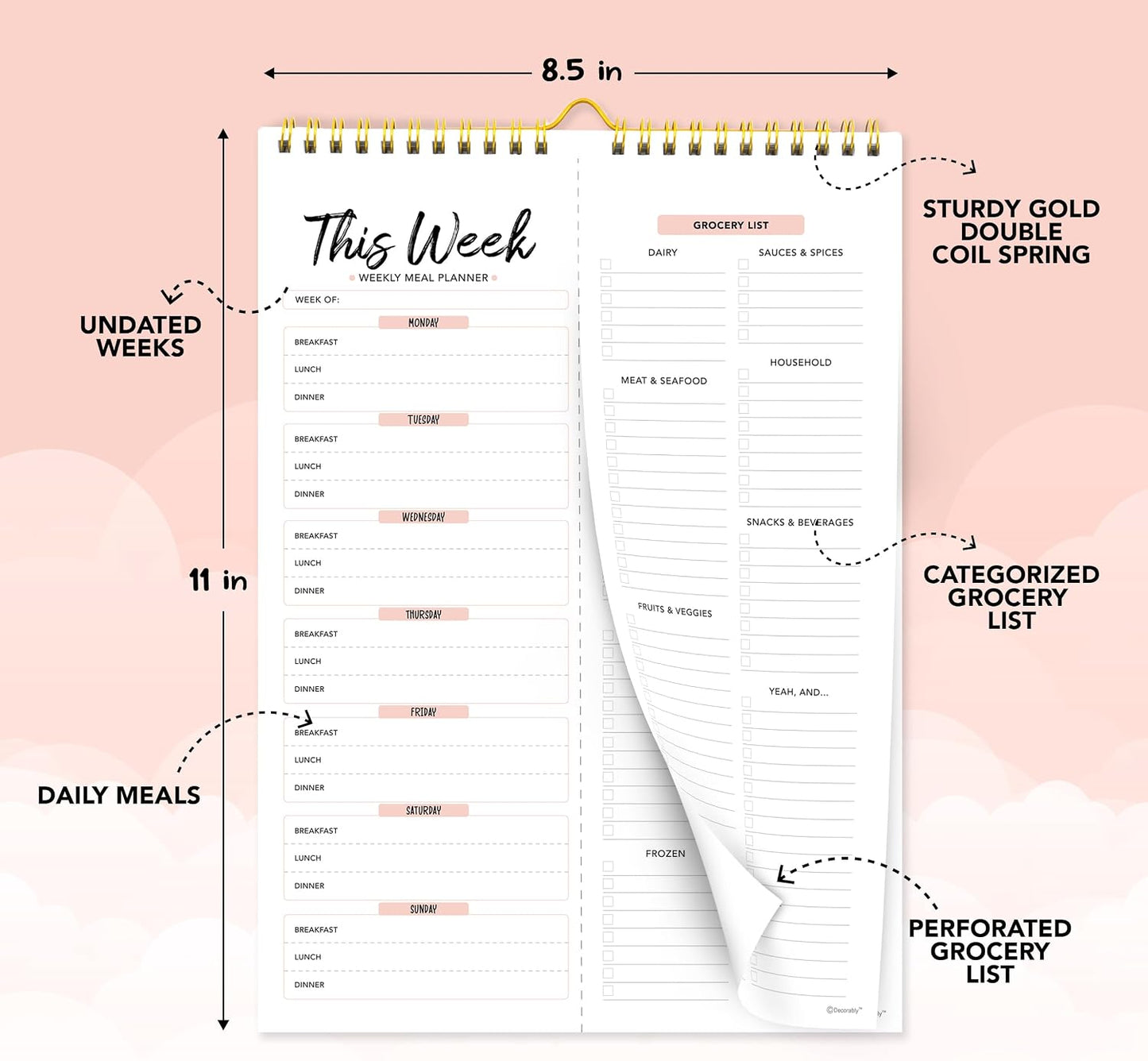 Decorably 52 Sheets Pastel Undated Magnetic Weekly Meal Planner and Grocery List Notepad with 4 Strong Magnets - 8.5x11in Spring-Bound, Refrigerator Mountable, Easy Tear-Off Design