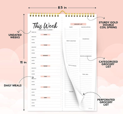 Decorably 52 Sheets Pastel Undated Magnetic Weekly Meal Planner and Grocery List Notepad with 4 Strong Magnets - 8.5x11in Spring-Bound, Refrigerator Mountable, Easy Tear-Off Design