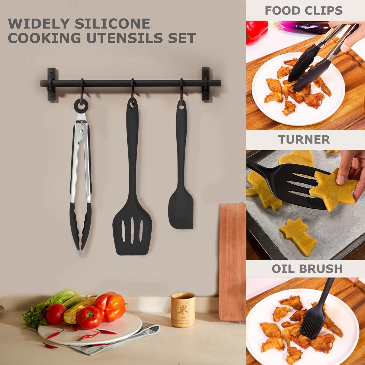 Silicone Kitchen Cooking Utensils Set Kitchen Spatula Set with Holder,5 pcs Heat Resistant Silicone Kitchen Utensils Gadgets Tools Set for Nonstick Cookware,Dishwasher Safe (Black)