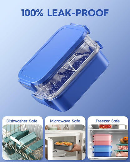 KEMETHY Adults Bento Lunch Box Set with Thermo Bag, 74oz Stackable Leak-proof 3-tiers Bento Box, Built-in Utensil and Sauce Container for Work, School, Dining Out (Gray)