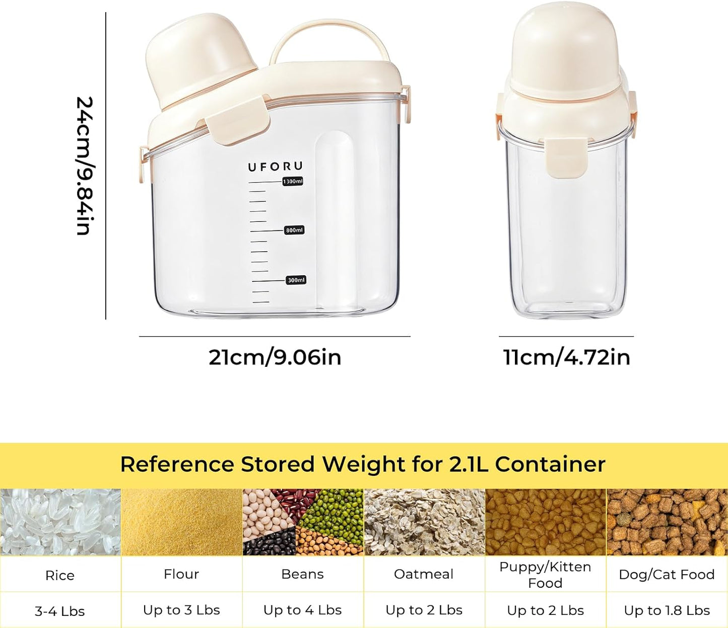 UFORU Cereal Containers Storage 2.1L, Airtight Rice Container with lids for grain, flour and beans, Pouring Spout & Handle, BPA-Free for Pet Food Storage(Cream White)
