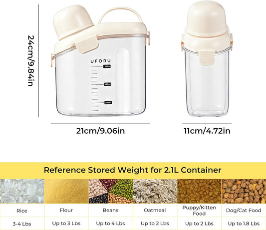 UFORU Cereal Containers Storage 2.1L, Airtight Rice Container with lids for grain, flour and beans, Pouring Spout & Handle, BPA-Free for Pet Food Storage(Cream White)