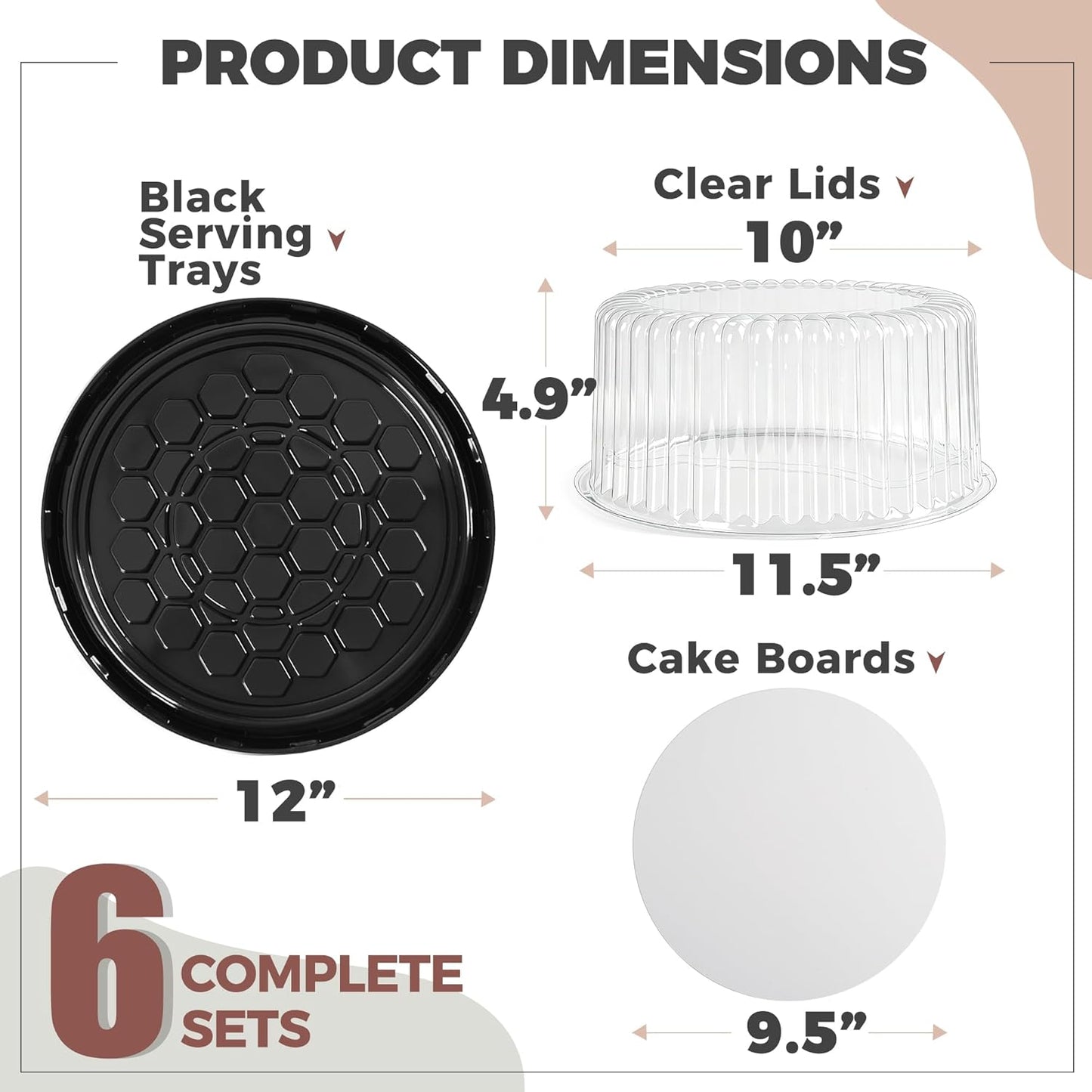 6-Pack Cake Carrier Holder Container for 10 Inch Round Cakes - Plastic Disposable Cake Containers, Take Out Storage w/Clear Dome Lids, Black Base Serving Trays, White Cake Boards, 12 x 5 Inches