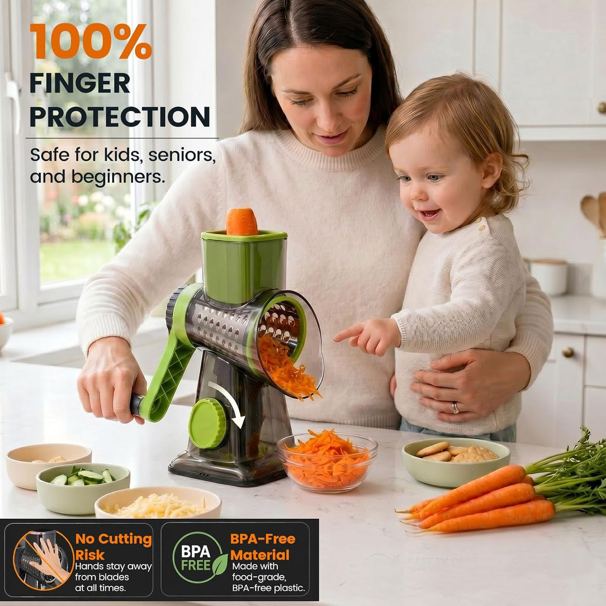 HANSGO Rotary Cheese Grater Hand Crank, Shredder Slicer Grinder, 3 Large Diameter Metal Blades & Cleaning Brush, Non-slip Suction Base, Labor-Saving Handle, Kitchen Gadgets for Cheese, Vegetable, Nuts