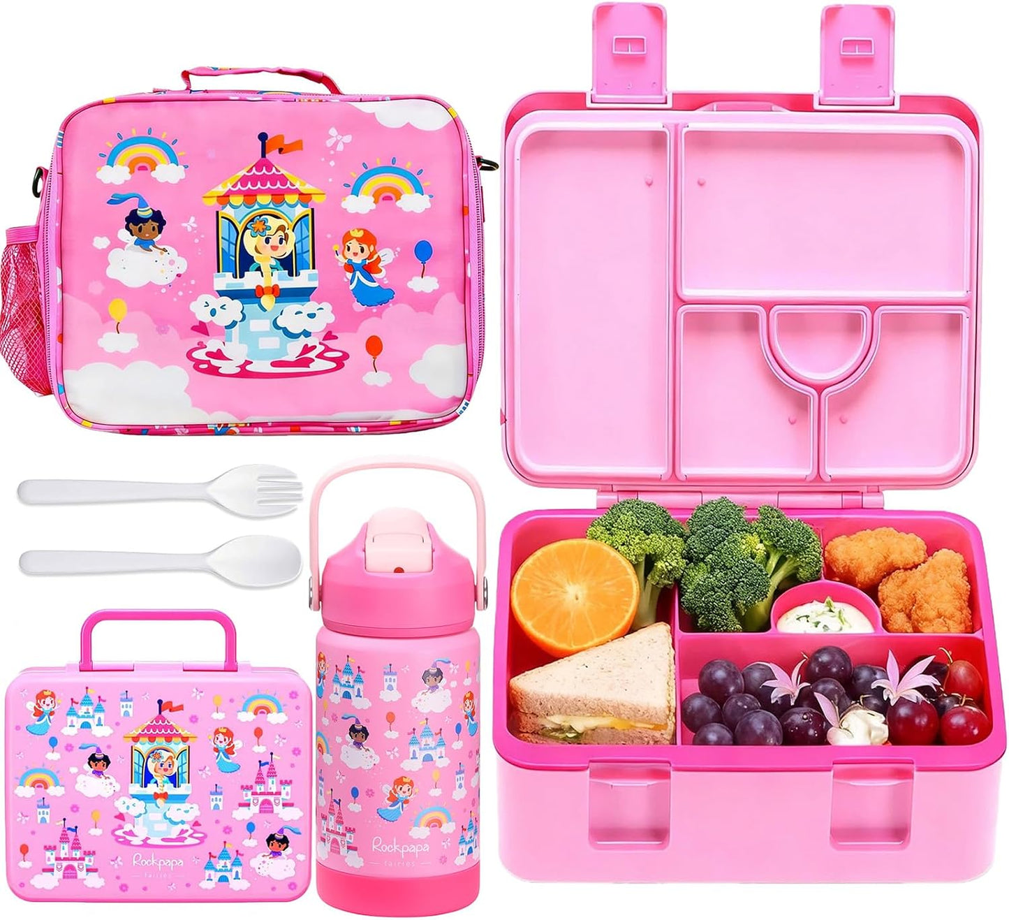 rockpapa Kids Lunch Box Set with 14oz Insulated Water Bottle & Lunch Bag, Leakproof 5.5 Cups Bento Box for School & Children, BPA-Free, Microwave Safe for Boys Girls (Grey Constr Turcks)