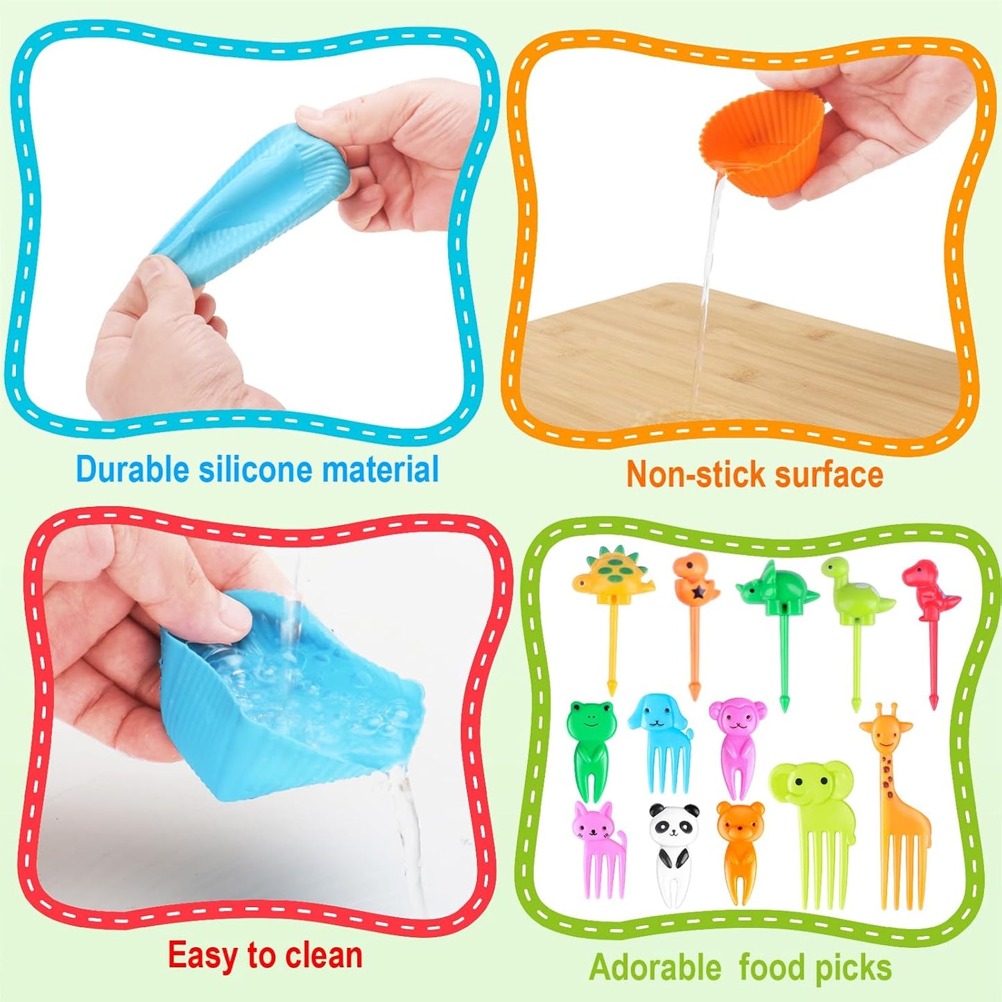 230PCS Silicone Lunch Box Dividers Kit, Reusable Silicone Cupcake Liners Muffin Cups, Fun Lunchbox Bento Box Accessories, Cute Food Picks for Kids (20 Baking Cups + 210 Animal Picks)