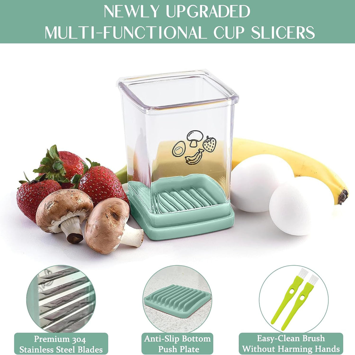 Fruit Slicer Cup | Strawberry Slicer | Stainless Steel Strawberry & Vegetable Slicer with Push Plate - Quickly Makes Fruit & Veggie Salad - Must Have Kitchen Gadget