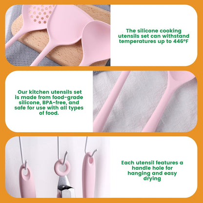 LOVEINUSA 10-Piece Silicone Kitchen Utensils Set with Holder - Pink Non-Stick Cooking Tools, 446°F Heat Resistant Spatula Set, Dishwasher Safe