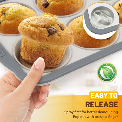 Silicone Muffin Pan, 12 Cups Non-Stick Cupcake Pan, Food-Grade BPA-Free Muffin Tin, Oven-Safe 450 °F, Reinforced Steel Frame, Easy-Grab Handles, Quick-Release 2.3" Baking Molds for Mini Treats