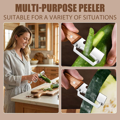 2PCS Multi-Functional Vegetable Peeler, Stainless Steel Ultra Sharp Blade with Wooden Handle, Fruit & Potato Peeler with Built-in Bottle Opener for Kitchen Use