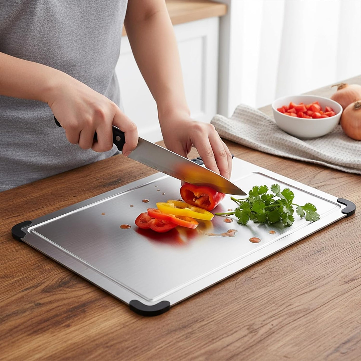 3-Piece Titanium Cutting Board Set with Dual-Stage Knife Sharpener,Double Sided Food-Grade Chopping Board,Non-Slip Feet,Deep Juice Groove,Heavy Duty,Hygienic & Dishwasher Safe Kitchen Chopping Boards