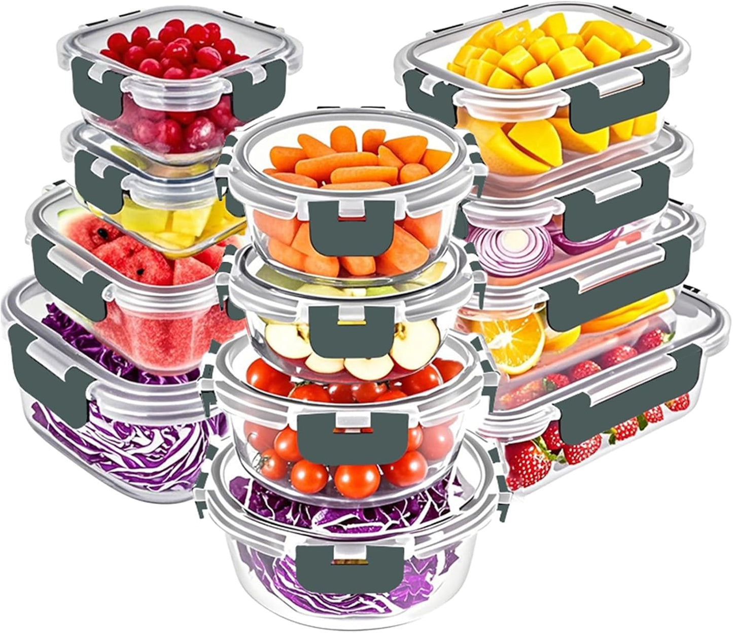 VERONES 30 Pieces Glass Meal Prep Containers Set, Stackable Glass Food Storage Containers with Lids-Airtight Lunch Containers，for Microwave, Oven, Freezer & Dishwasher,Grey