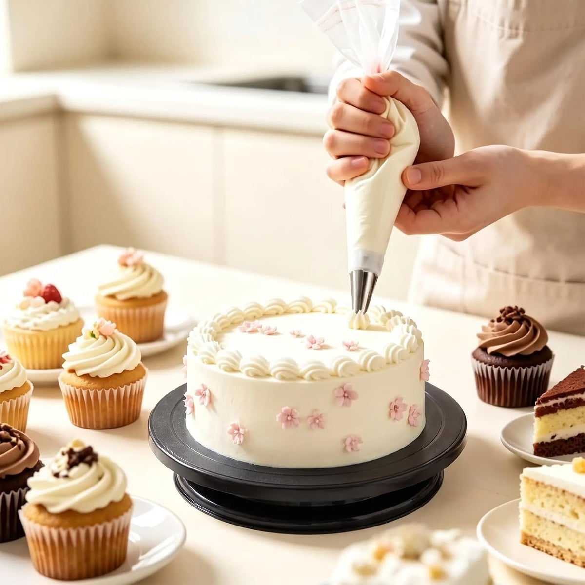 10.6 Inch Black Cake Turntable Spinning Cake Stand with Guides, Revolving Cake Turntable for Cake Decorating, Baking Cookies & Painting Crafts