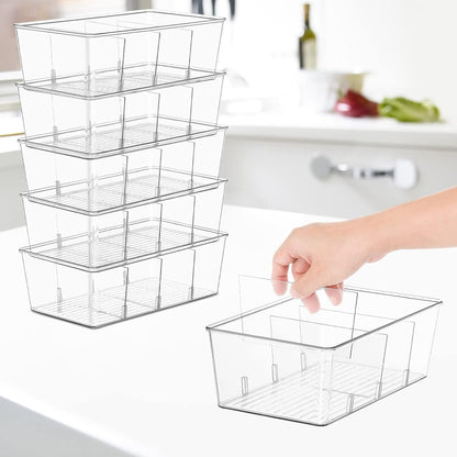 wilfox Pantry Organization, 3 Pack Clear Organizer Bins with Removable Dividers for Pantry, Kitchen, Fridge, Cabinet, Stackable Storage Bins for Snack, Pouches, Spice Packets