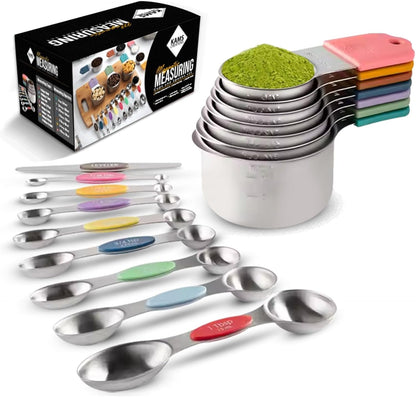 Stainless Steel Magnetic Measuring Spoons Set & Cups 16PCS - Double Sided Measuring Spoons, Stackable Measuring Spoons & Cups with Leveler - Premium Metal Measuring Spoons