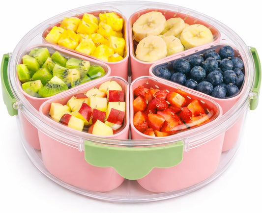 Divided Serving Tray with Lid,Stackable Snackle Box Strawberry Container for Fruits Candy Organizer, Portable Rounded Veggie Tray for Kitchen, Party, Trave and Picnic (Pink)