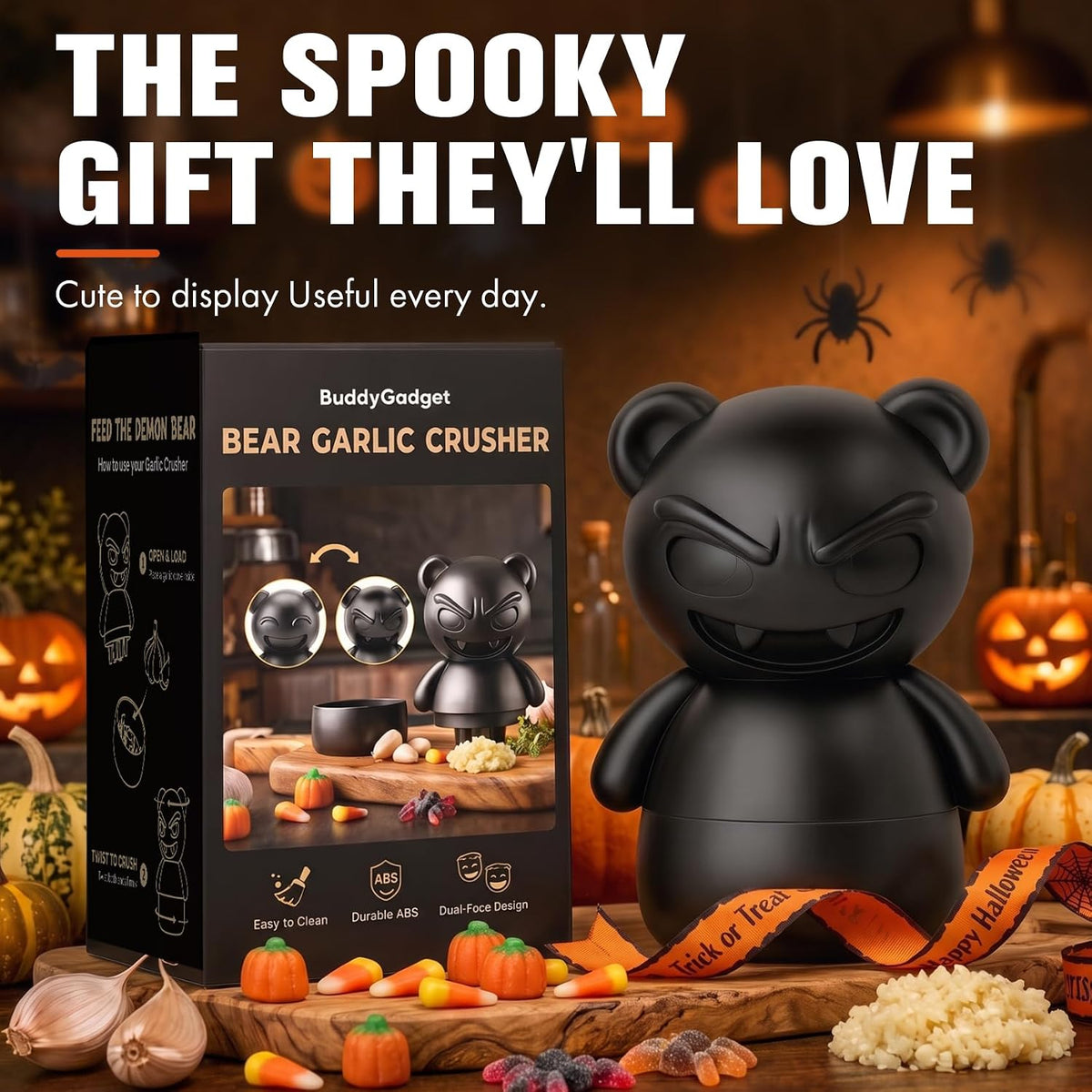 Demon Bear Garlic Crusher, Goth Halloween Rotary Mincer for 1-3 Cloves