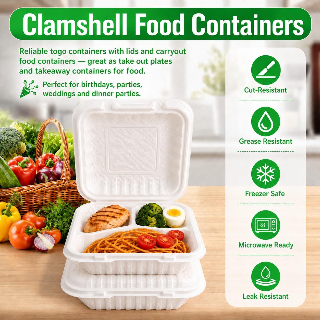 50Pack 8" X 8" 3-Compartment Clamshell To Go Food Containers With Secure Snap Lids - Heavy Duty Take out Containers Disposable To Go Plate For Carryout Meal Prep Catering (Black 3-Compartment)