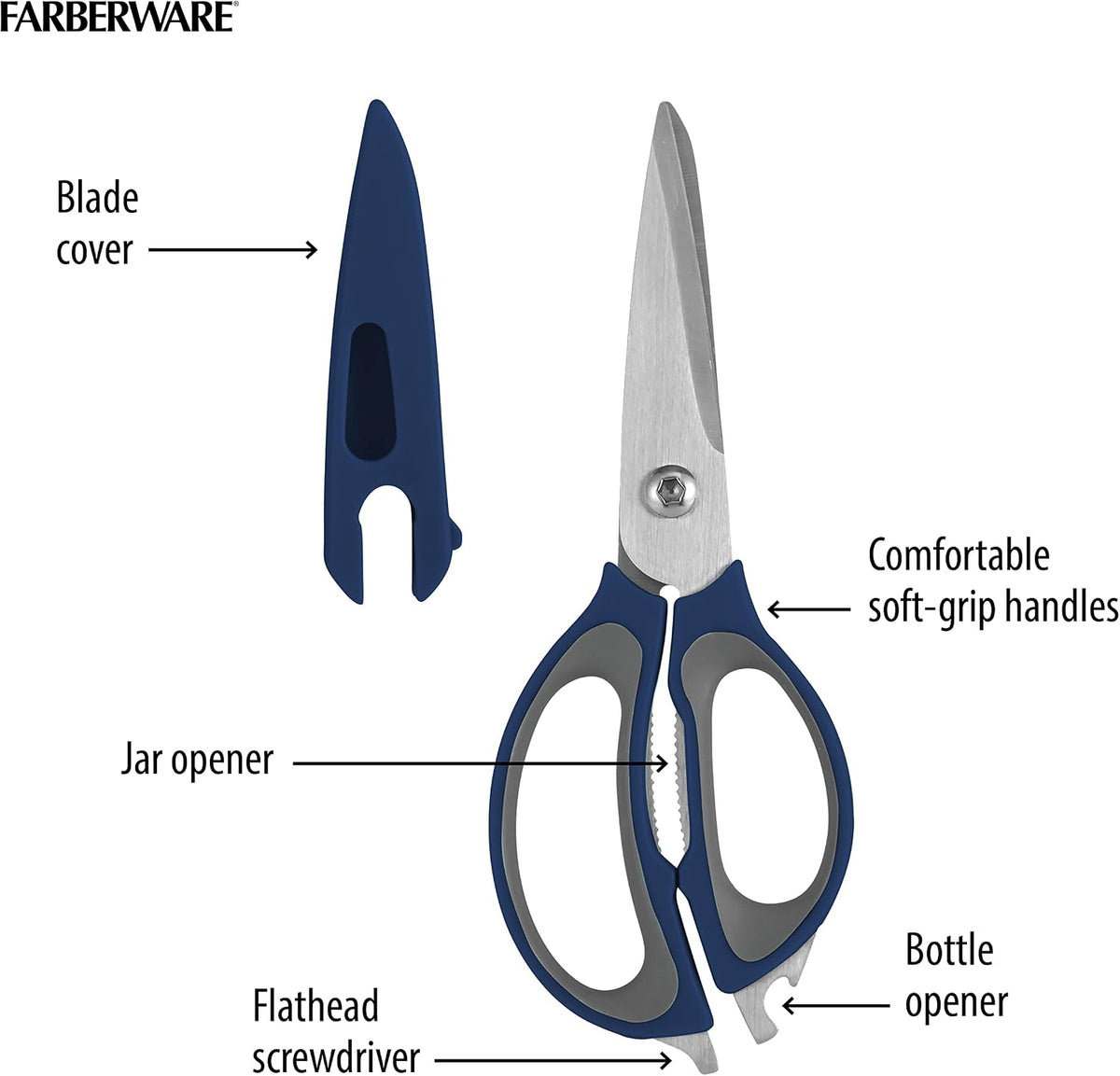 Farberware 4-in-1 Kitchen Scissors, High Carbon Stainless Steel, Black