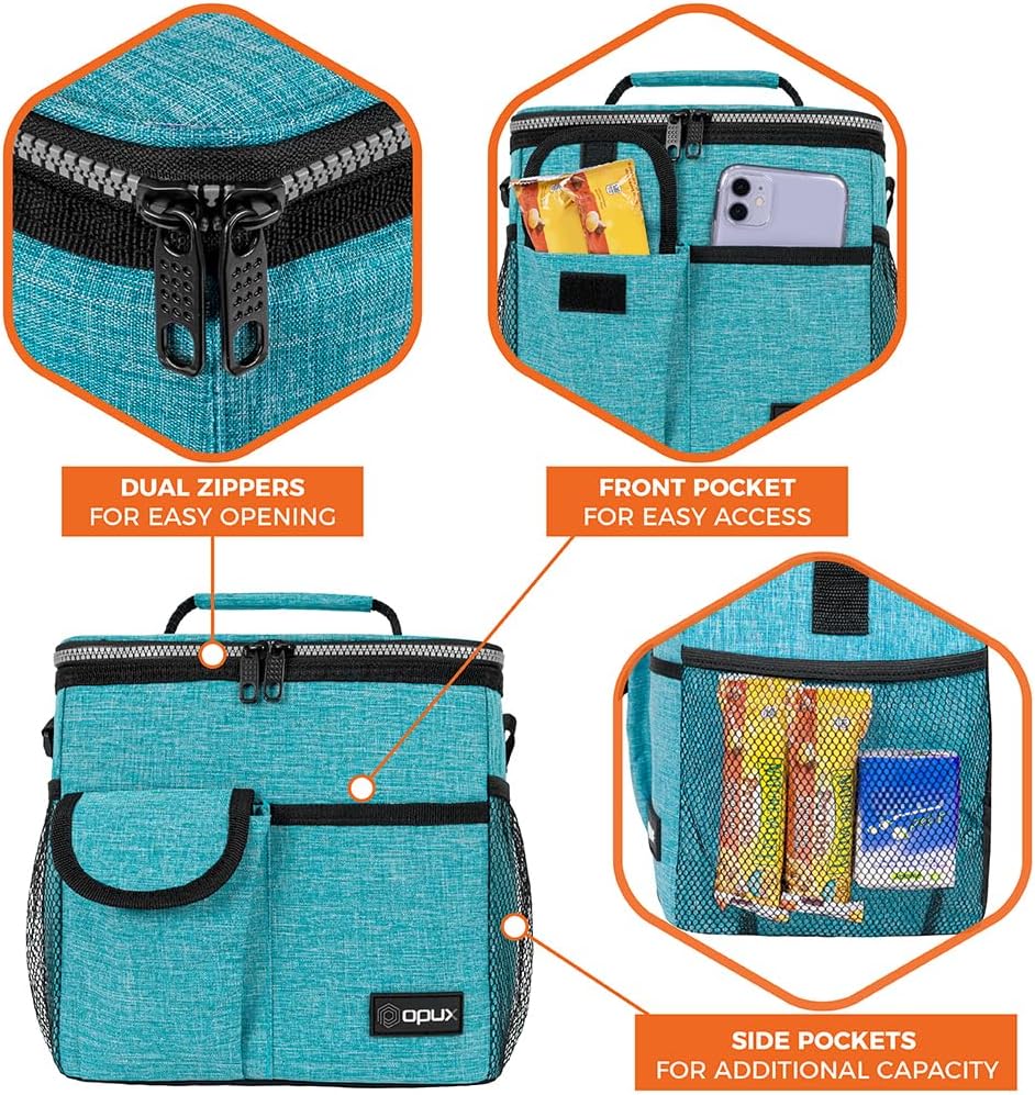 opux Insulated Lunch Bag for Men Women, Leakproof Black Lunch Box for Work, Portable Soft Lunch Cooler Bag with Shoulder Strap, Adult Lunchbox Lunch Pail for Kid Boy Girl School, 14 Can/8L