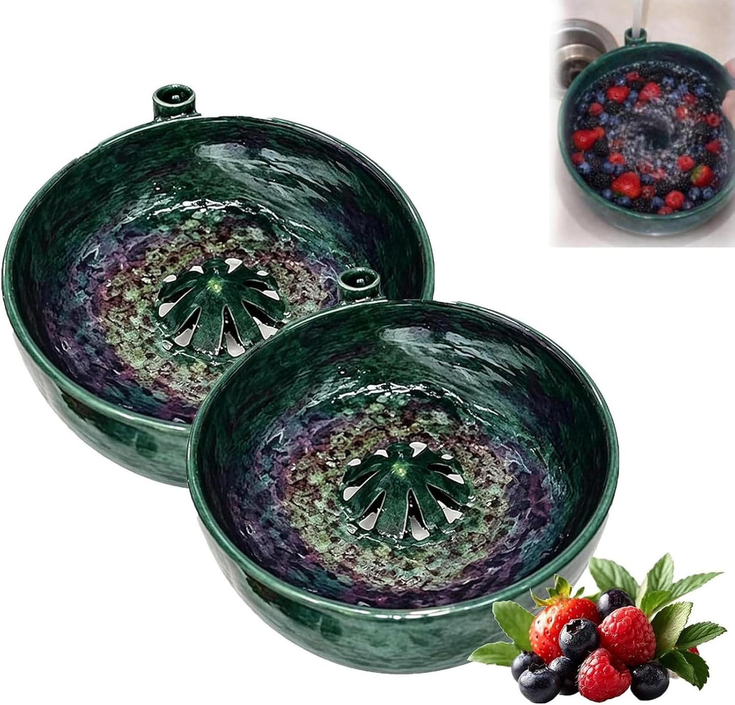 360° Degree Fruit Swirl Colander with Center Cone,2026 Self Spinning Ceramic Berry Washing Bowl with Drain Holes,Automatic Quick Kitchen Rinse Washer for Berries Vegetables & Fruit (1)