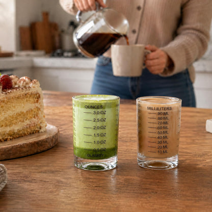 GLASKEY Shot Glasses Measuring Cup Set - 2 Pack Espresso Shot Glasses with Precise Measurement Marks,Heavy Duty Glass,Dishwasher Safe,Perfect for Coffee,Cocktails and Kitchen Use (Black & Red)