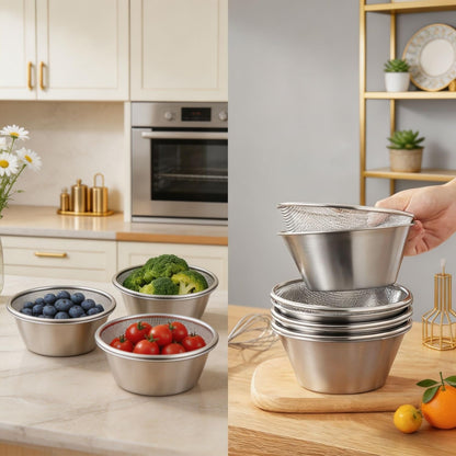 2 Pcs Mini Colander with Small Mixing Strainer Bowl 304 Stainless Steel Berry Basket for Washing Fruits, Vegetables, Rice - Dishwasher-Safe Kitchen Strainer (Silver, 5.51 x 2.36 inches)