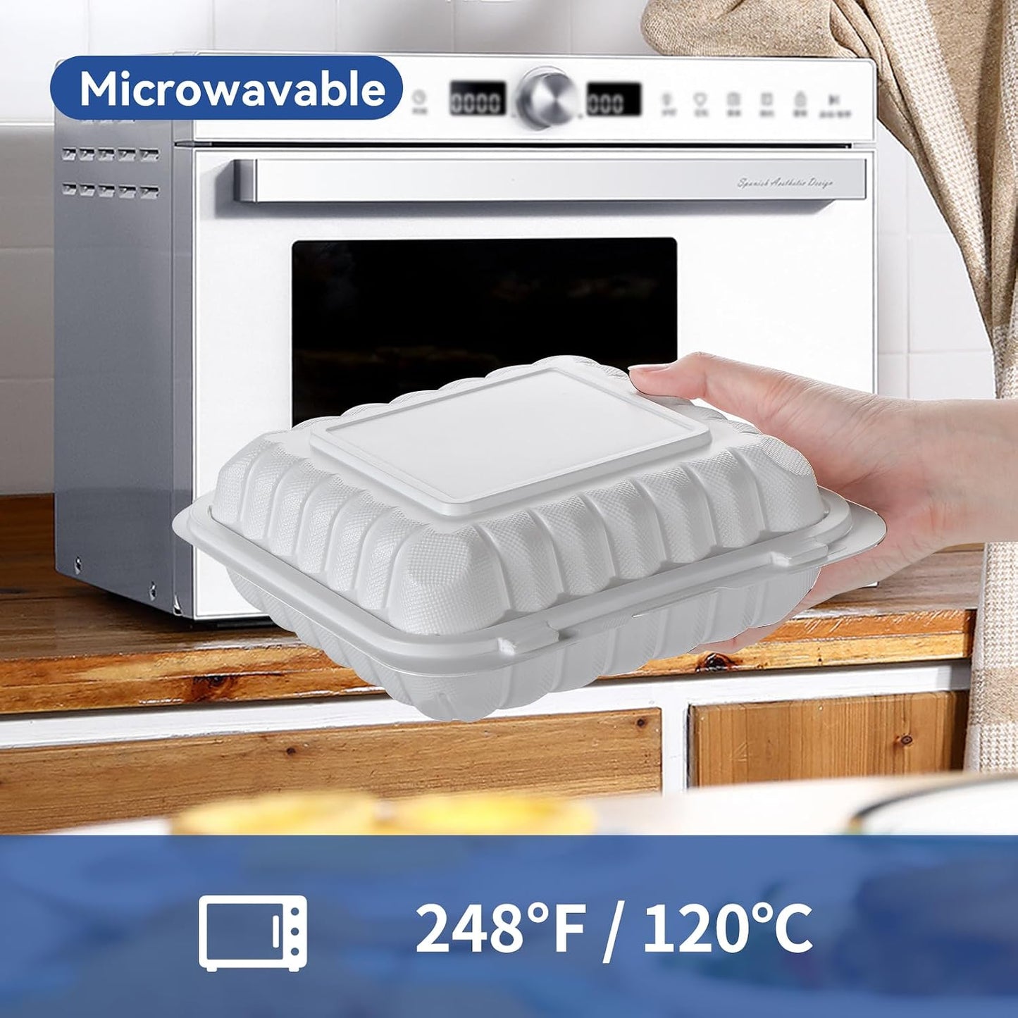 Food Containers 7.8" 30 oz 65 Pack - BPA Free Mineral Filled PP Plastic | 3 Compartment Shrink Wrap Clamshell Stackable | Reusable Freezer & Microwave Safe | White Commercial Takeout Boxes