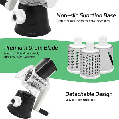 Rotary Cheese Grater with Hand Crank, 3 Blades, Clear Drum, Black