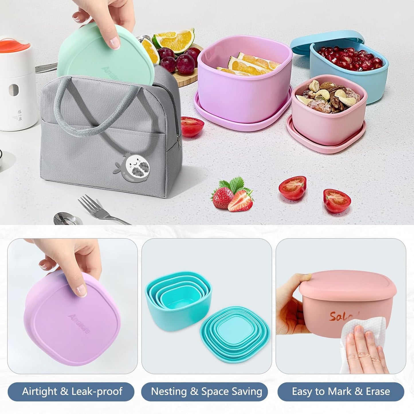 Anatole Silicone Food Storage Lunch Bento Box Set of 3 Reusable Nesting Containers with Lids BPA Free Dishwasher Microwave Oven Freezer Safe Leakproof (6.7oz, 10oz, 20oz)