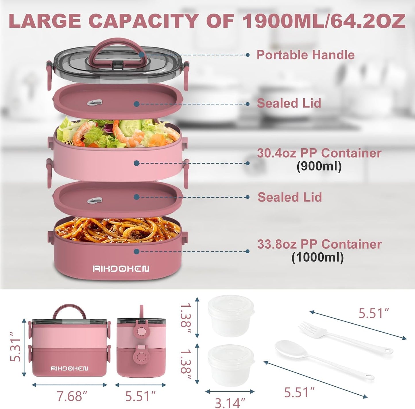 RIKDOKEN Lunch Box, Stackable 3 Layers Containers, Portable 94OZ Large Capacity Leakproof Bento Box with Spoon & Fork & Sauce Boxes, Microwave Safe Lunch Box for Kids and Adults