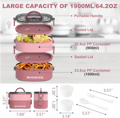 RIKDOKEN Lunch Box, Stackable 3 Layers Containers, Portable 94OZ Large Capacity Leakproof Bento Box with Spoon & Fork & Sauce Boxes, Microwave Safe Lunch Box for Kids and Adults
