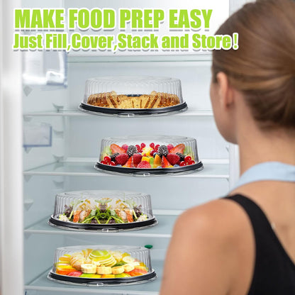 Tessco for you 12 Pack Heavy Duty Repeatedly Plastic Serving Tray with Lid and 24 Pcs Deli Wax Paper Sheets Sets Large Party Platters with Clear Lids Stackable Round Food Serving Trays (Black,16inch)