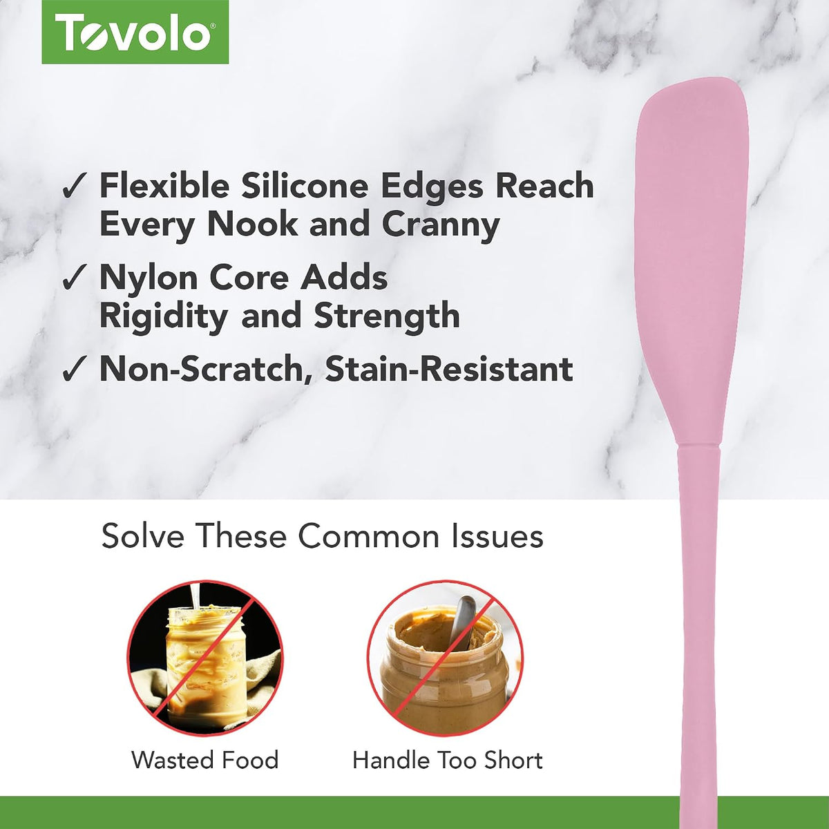 Tovolo Silicone Jar Spatula Long Handled Rubber Scraping Scooping Tool for Peanut Butter Jam Jelly Jars Blenders, Extra Long Flex Core Silicone Jar Scraper Dishwasher Safe BPA Free, Pink Sorbet