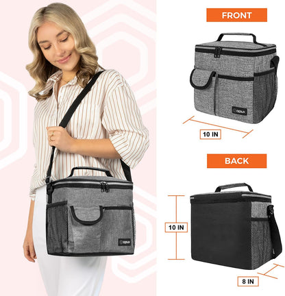 opux Insulated Lunch Bag for Men Women, Leakproof Black Lunch Box for Work, Portable Soft Lunch Cooler Bag with Shoulder Strap, Adult Lunchbox Lunch Pail for Kid Boy Girl School, 14 Can/8L