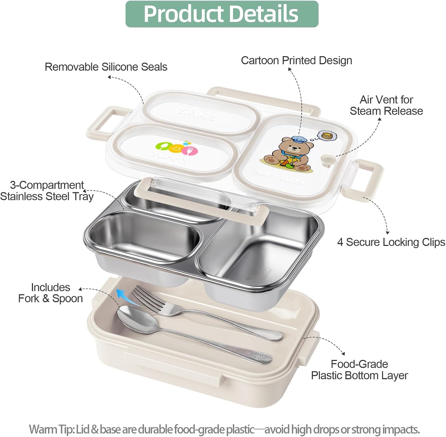 SAYAPE Stainless Steel Bento Lunch Box for Kids, 26.4 oz Leak-Proof 3-Compartment Metal Bento Box, BPA-Free, Cute Cartoon Meal Prep Snack Container with Utensils for School, Office, Travel - Beige