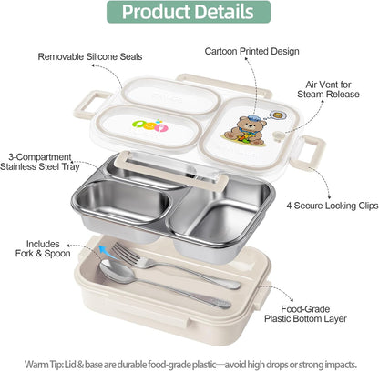 SAYAPE Stainless Steel Bento Lunch Box for Kids, 26.4 oz Leak-Proof 3-Compartment Metal Bento Box, BPA-Free, Cute Cartoon Meal Prep Snack Container with Utensils for School, Office, Travel - Beige