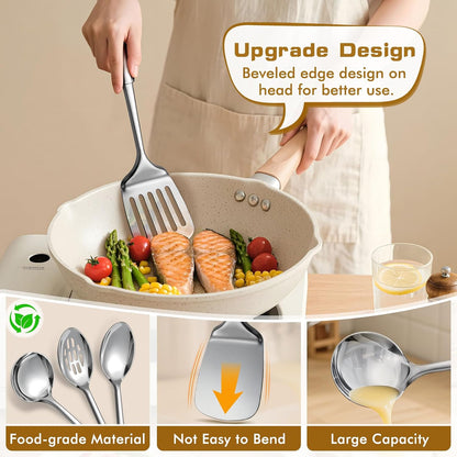 9 Pcs Cooking Utensils Set, Stainless Steel Kitchen Utensils, Heat Resistant Metal Kitchen Tools Include Solid & Slotted Spatula, Serving Spoon, Ladle, Pasta Server,Potato Maseher, Egg Whisk, Silver
