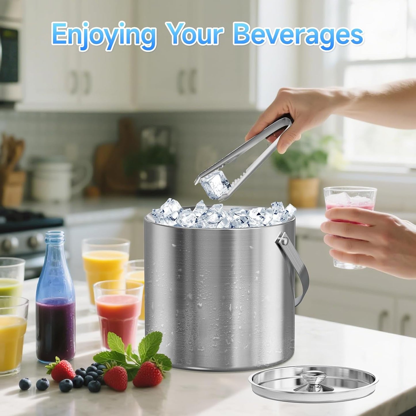Ice Bucket, Ice Bucket with Lid Ice Tong Ice Scoop and Strainer for Cocktail Parties 3L Stainless Steel Insulated Ice Bucket Double Wall Keeps Ice Cold&Dry for Home Bar Beer Champagne