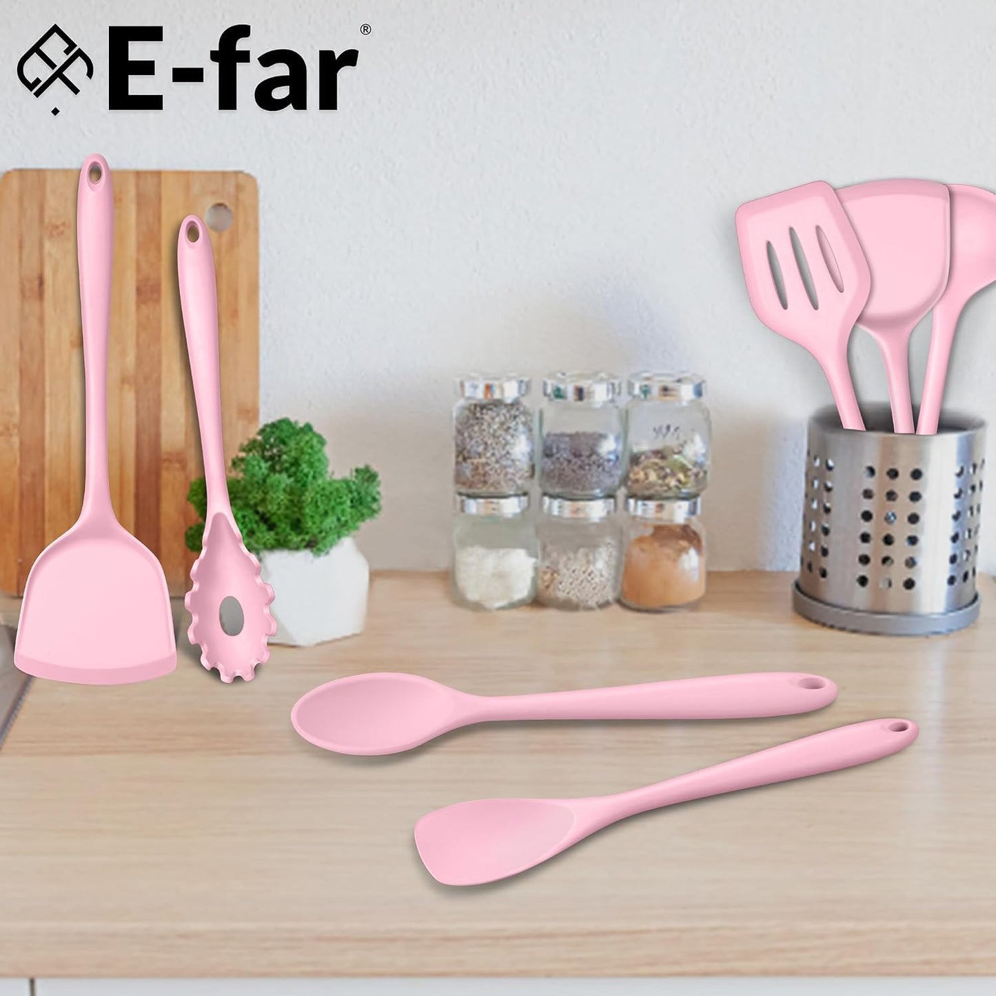 E-far 10 Pieces Silicone Cooking Utensils Set, Heat Resistant Kitchen Utensil Set for Nonstick Cookware, Kitchen Cooking Tools with Spatula, Spoon, Slotted Turner, Non-Toxic & Dishwasher Safe (Khaki)