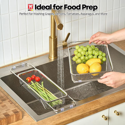 WAGENSTEIGER Extendable Dish Rack with Feet, Vegetable Colander Basket, Stainless Steel Dish or Silverware Drying Rack, Ultimate Kitchen Organizer Over the Sink (11.81 x 8.27 x 2.76 Inches)