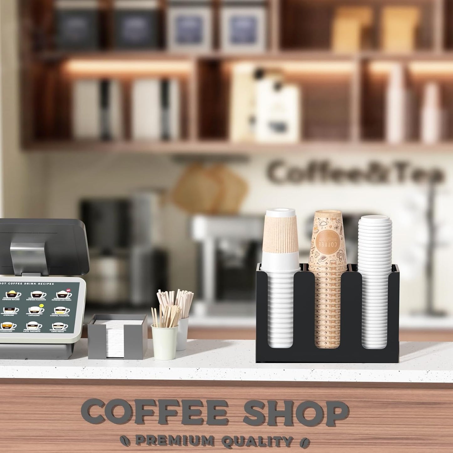 WINFFOR Disposable Cup Organizer Dispenser - 2 Compartments Clear Acrylic Cup and Lid Holder with Handles Plastic Cup Dispenser Countertop Paper Cup Holder for Coffee Bar House Party Essentials
