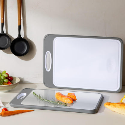 2 Packs Stainless Steel Cutting Board Set, Best Non Toxic Cutting Boards for Kitchen, Double Sided Metal Chopping Board for Meat/Fruit/Vegetables, Food Grade Kitchen Set Gift, [16”×11”+18”×12” Inch]