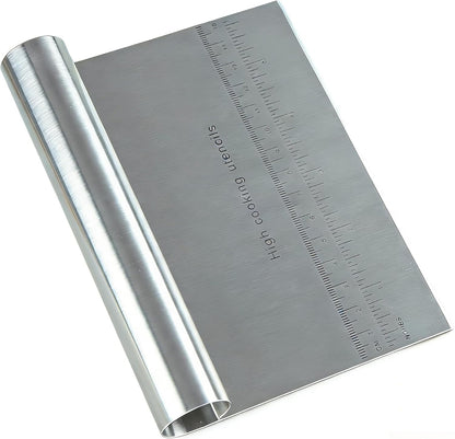 RUPOHIU Dough Scraper for Baking, Stainless Steel Bench Scraper with Measuring Scale - Pizza Cutter, Pastry Chopper for Bread, Cake and Dough, Food Scraper Tool