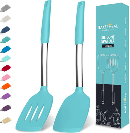 BakeRoyal Silicone Spatula Set - Turner Spatulas Silicone Heat Resistant 600°F - Slotted & Solid Spatula for Cooking Fish, Eggs, Pancakes Flipper – Spatulas for kitchen use – Black