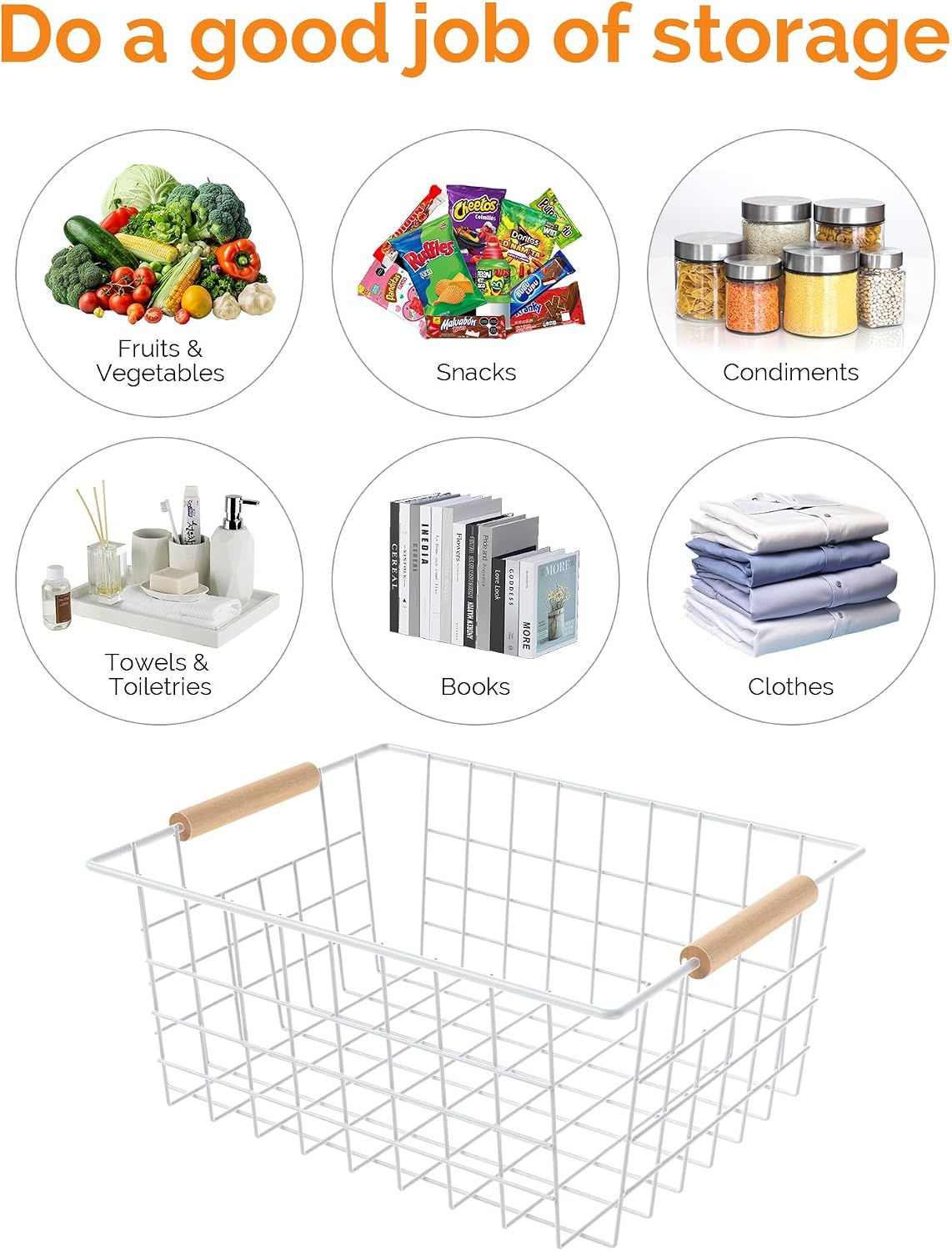 Wire Basket with Wooden Handle, Metal Utility Storage Basket for Organizing Kitchen Pantry Cabinets, Closet and Garage Shelves Drawers, Office Metal Basket Storage Organizer with Handle (Black 4 Pack)