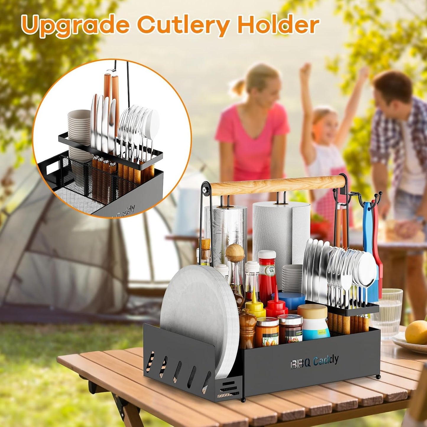 Grill Caddy with Paper Towel Holder, Picnic BBQ Condiment Utensil Organizer Caddy for Camping, Rv, Camping Accessories, Camping Essential, Camper Must Haves, Barbecue Tool Sets