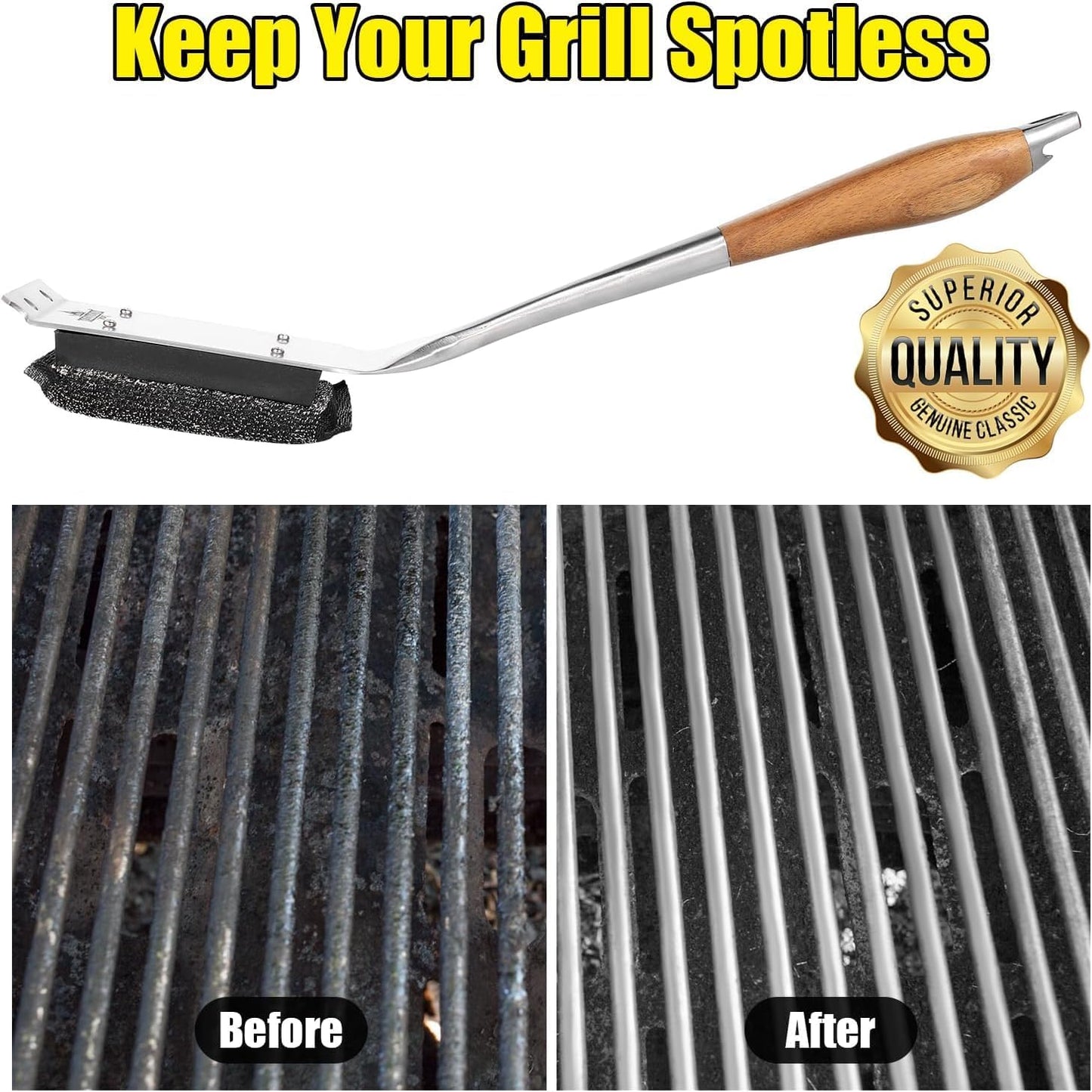 XUDKAKAIXIN Grill Brush Bristle Free,with 1 Replacement Head,Unique Steel Fibers Pad [Safe & Efficient] Perfect for Cast Iron/Stainless-Steel Grates-,Grill Cleaner for Outdoor Gril,Gifts for Men/Dad